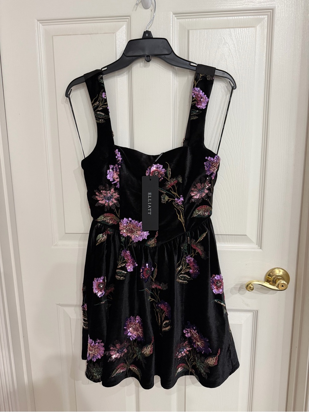 New Elliatt Black Velvet Floral Embroidered Clio Mini Dress